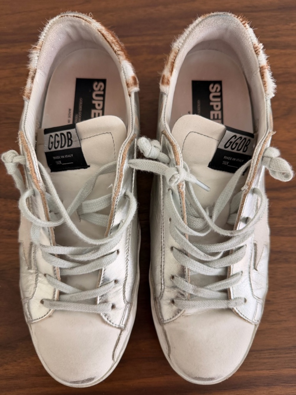 Golden Goose White & Silver with Brown Pony-Hair Accents Superstar Sneakers